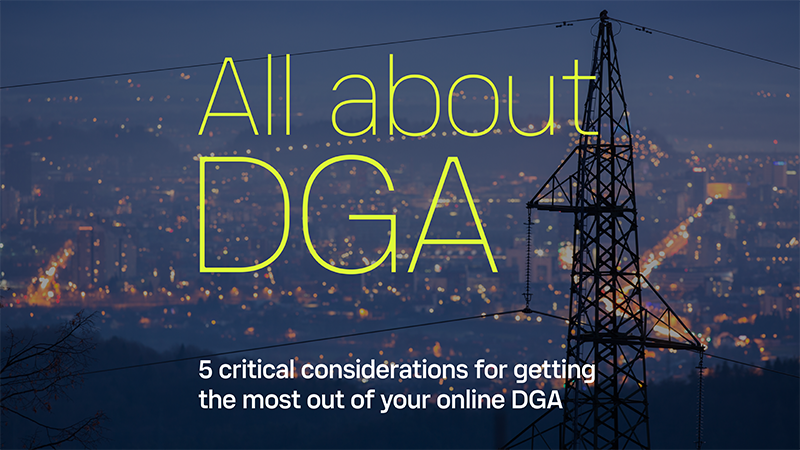 All about DGA webinar text and cityscape at dusk, power lines and power line tower