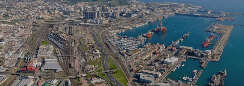 Aerial of coastal city