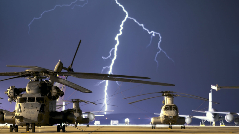 Lightning over helicopter airfield