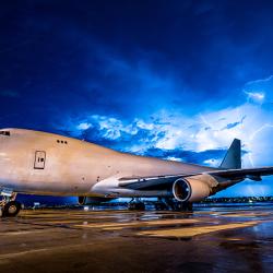 Airplane at the stormy airport